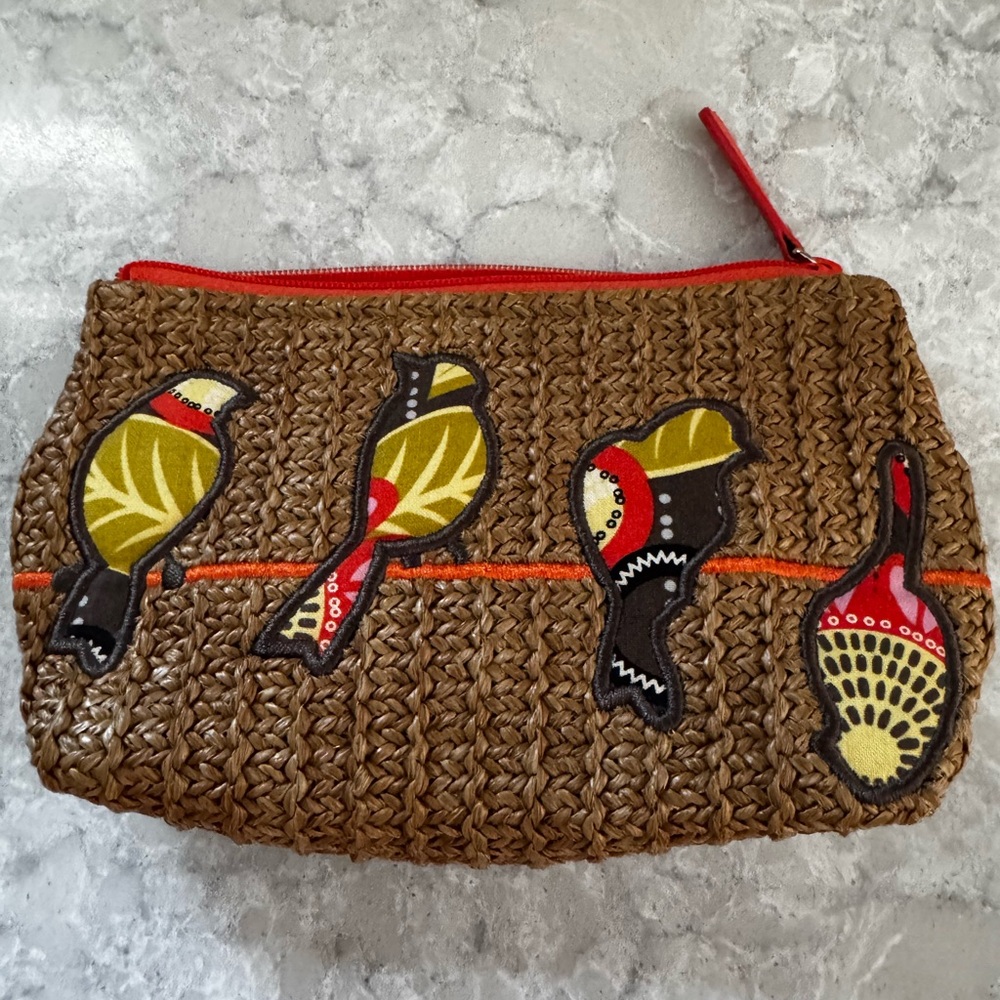 Woven Brown Bird Appliqué Zip Pouch - Brown with Red Trim